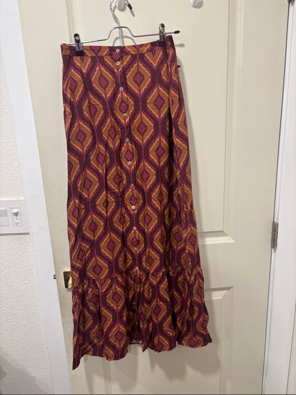 DR2 Geometric Print Button-Front Maxi Skirt in Burgundy and Mustard